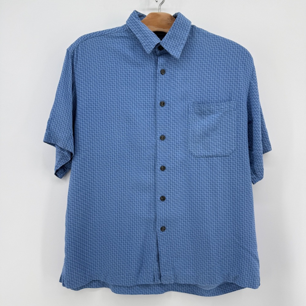 Toscano Blue Mens Silk Rayon Short Sleeve Button Down Shirt Blue Geometric Med - Picture 4 of 11